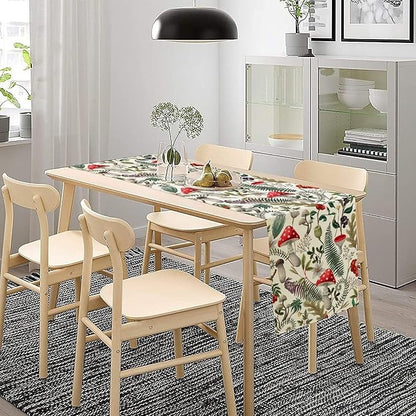 Rustic Botanical Mushroom Table Runner Wildflower Garden Flower Nautre Plants Herbs Seasonal Dinner Runner for Farmhouse Kitchen Dining Cabin Home Holiday Party Table Decor 13x36in