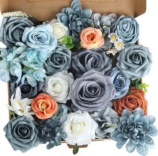 Dusty Blue White Orange Artificial Flowers Combo for DIY Centerpieces Arrangements Wedding Bridal Bouquet Table Chair Decor Candle Holder Baby Shower Cake Decor Flower Strips Home Décor
