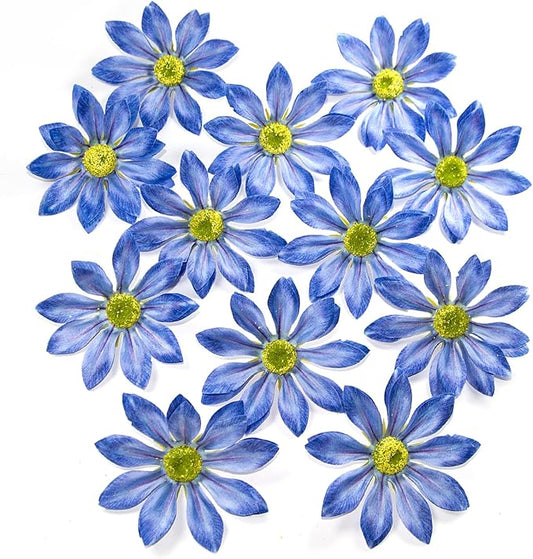 Daisy Silk Flower Heads, 12 Pcs Artificial Daisy Flower Heads, 3.5 Inch Blue Floral Heads Fake Daisies for Decoration, DIY Craft, Vase, Flower Arrangement, Hats, Costume, Hair