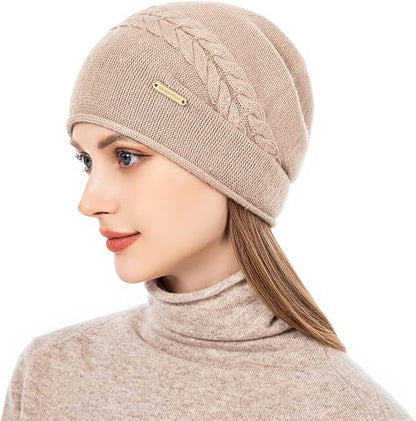 QUEENFUR Knit Slouchy Beanie Hats for Women Cashmere Ski Cap Knitted Wool Soft Warm Winter Hat
