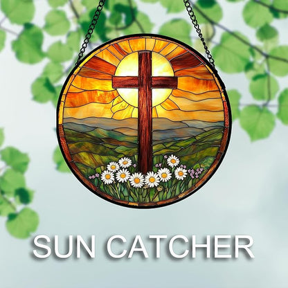 Christian Gifts for Women - Cross Stained Glass Window Hanging Easter Daisy Natural Landscape Sun Catcher Garden Religion Decor Mother's Day Catholic Gift for Men Grandma Mom Her Nana 9.8"