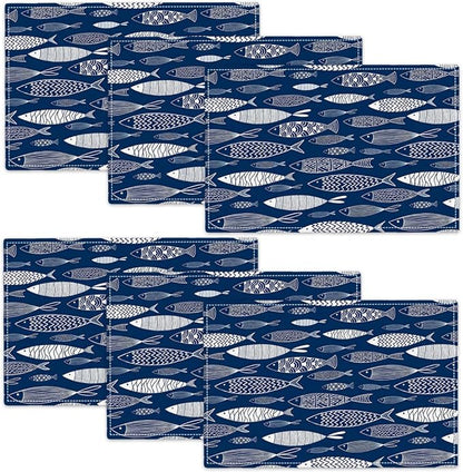 Japanese Fish Placemats Set of 6, Blue Fishing Country Double-Sided Table Mats for Kitchen Dining Room Home Party Indoor Decor 6 PCS 12x18 Inch