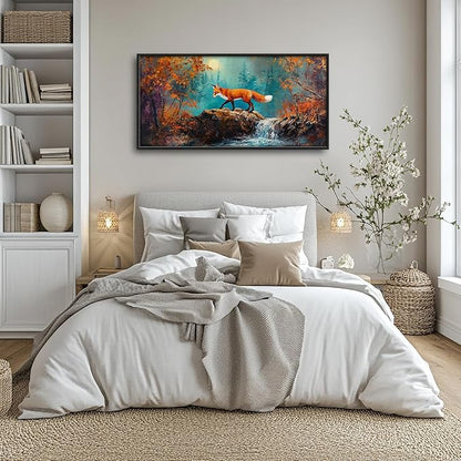 Fox Fall Large Wall Art Autumn Forest Wildlife Pictures Wall Decor Red Fox Rustic Cabin Animals Canvas Prints Painting Framed Artwork Decoration for Men Bedroom Living Room Office 60"x30"