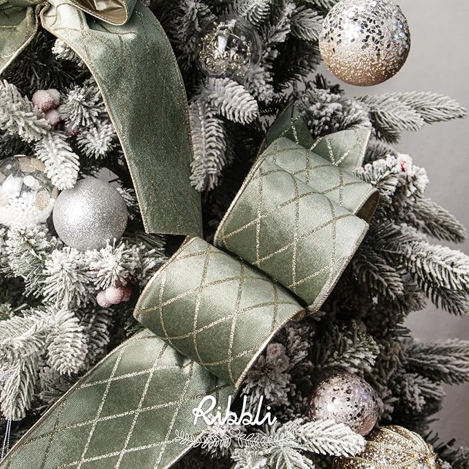 Ribbli Dusty Green Velvet Ribbon Wired with Glitter Diamond Grid 4 Inch Christmas Ribbon for Christmas Tree Decoration Big Bow Gift Wrapping Crafts Wreaths Garland Supplies - 10 Yards