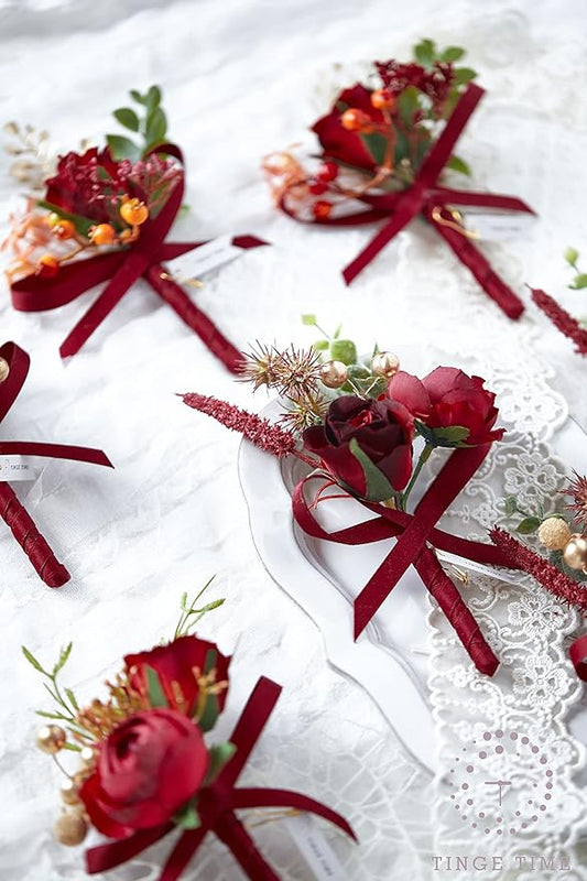 TINGE TIME Boutonniere for Men Wedding,Groom and Best Man Boutonniere for Wedding Ceremony Anniversary, Formal Dinner Party and Rustic Spring Wedding Marriage (10, Deep Red)