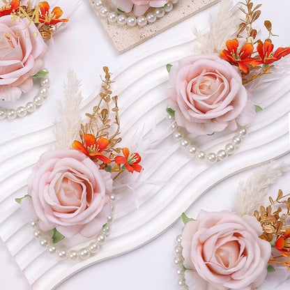 Meldel Pink Velvet Rose Wrist Corsage, Set of 6, Wedding Bridal Flower Corsage Hand Decor for Prom Party Homecoming, Wristband Flowers Bride, Bridesmaid, Girl,Mother of The Bride Corsage