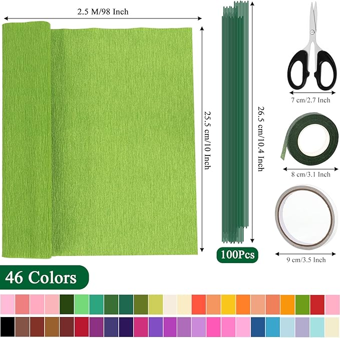 46 Colors Crepe Paper Rolls, 10 x 98 Inch Wide Crepe Paper Flowers Kit with 100 Pcs Floral Iron Wire, Floral Band, Double-Sided Tape, and Scissors for DIY Gifts, Parties, Weddings, Festival Decoration