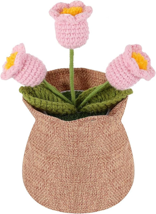 Crochet Flower Plant, Empathetic Flower Gift for Women & Men, Perfect for Birthday, Christmas, Mother's Day, Desk Decor, Birthday Decorations, Kids Party Decoration. Pink Lily of The Valley