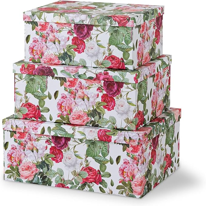 Soul & Lane Decorative Cardboard Storage Boxes with Lids for Home Decor and Organization, Set of 3 Large Keepsake Boxes for Memories & Gifts, Nesting Floral Photo Storage Containers, Rose Romance