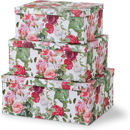 Soul & Lane Decorative Cardboard Storage Boxes with Lids for Home Decor and Organization, Set of 3 Large Keepsake Boxes for Memories & Gifts, Nesting Floral Photo Storage Containers, Rose Romance