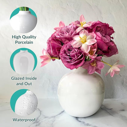 Willowy 7.5 Inch Large White Ceramic Vase with Glossy Finish - White Vases for Flowers, Round Vases for Decor, for Flower, for Pampas Grass