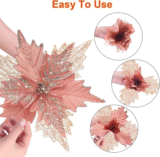 10'' Large Christmas Glitter Poinsettia Flowers Decorations, stadeco 10 Pcs Christmas Tree Picks Ornaments Artificial Flowers with Long Stems for Xmas Tree Wreath Garland Wedding Party DIY Decor