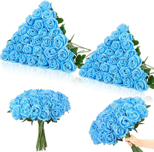80 Pcs Roses Artificial Flowers, Silk Sky Blue Artificial Flowers Petals Long Stem Roses for Wedding Bouquet Home Party Decor