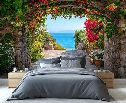 Mediterranean Arch Seaside Wall Mural, Flower Tunnel Ocean View 3D Wall Murals, Greek Island Style Wallpaper Mural, for Living Room Bedroom Large Wallpaper Indoor Decor 118" W x 82.6 "H