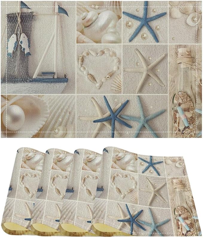 Nautical Themed Placemats Coastal Lighthouse Starfish Collage Plaid Art Printed Dining Table Mats Set of 4 for Restaurant Home Kitchen Holiday Picnic Party Decor 12x18in