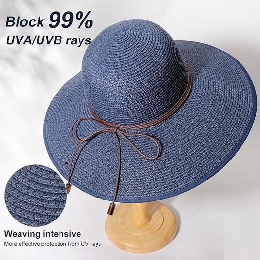 DRESHOW Beach Hats for Women Big Straw Wide Brim Summer Hat Floppy Foldable Roll up Cap Sun Hat UPF 50+