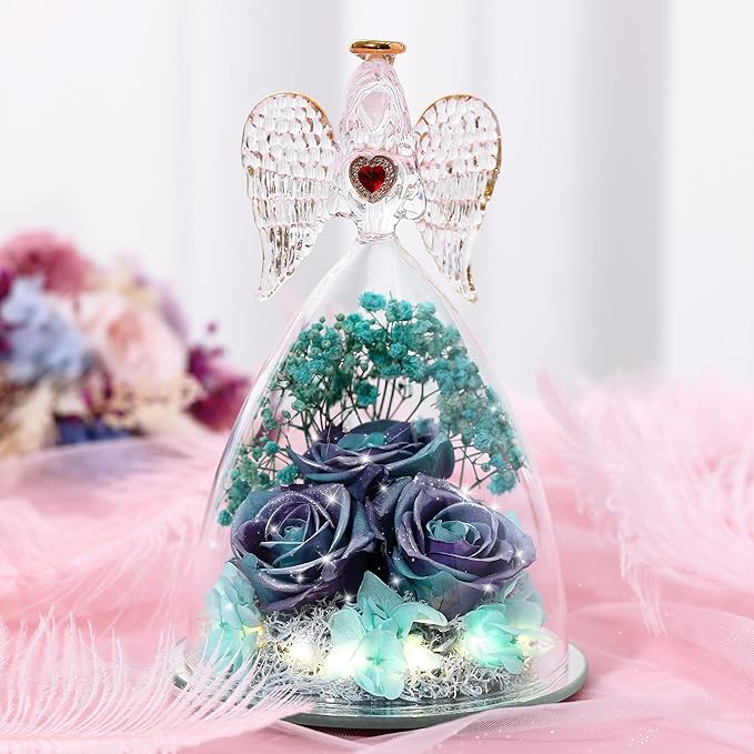 Mothers Day Rose Gifts for Women, Large Angel Figurines with Real Roses, Preserved Real Flower Rose for HerGlitterPurpleAquablue