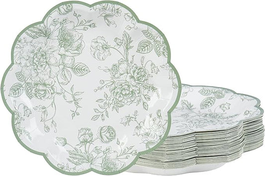 48 Pcs Sage Green Floral Party Plates Vintage Floral Leaf Disposable Paper Plates Wildflower Green Toile 7" Scalloped Rim Dessert Plates for Christmas Birthday Bridal Tea Party Supplies