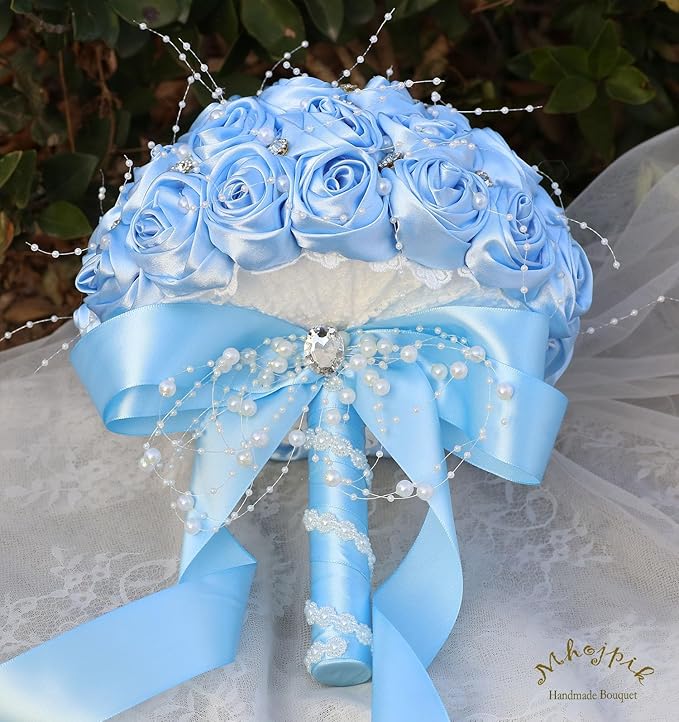 Bridal Wedding Bouquet Round Bling Brooch Bouquet Throw Toss Artificial Rose Flower Bunch for Bride Bridesmaid Wedding Quinceanera(Light Blue, 7.5")