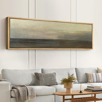 SIGNFORD Large Framed Canvas Print Wall Art Misty Seashore at Dusk Peaceful Beach Landscape Illustrations Modern Art Relax/Calm Warm for Living Room, Bedroom, Office - 60"x20"