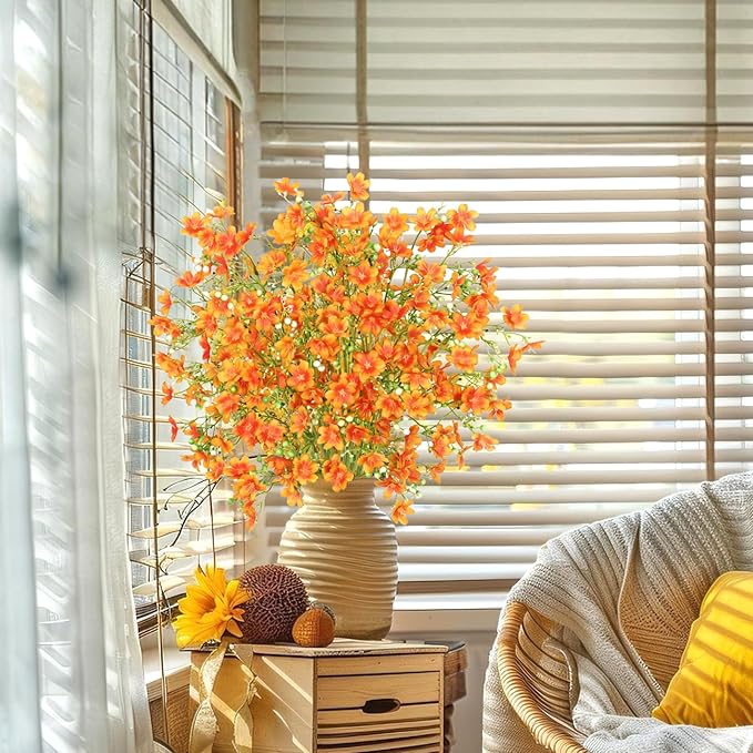 8PCS Fake Fall Flowers Real Touch Silk Flowers,Orange Artificial Flowers for Decorations, Babys Breath Artificial Flowers Bulk for Halloween Thanksgiving Fall Decor (Orange, 8PCS)
