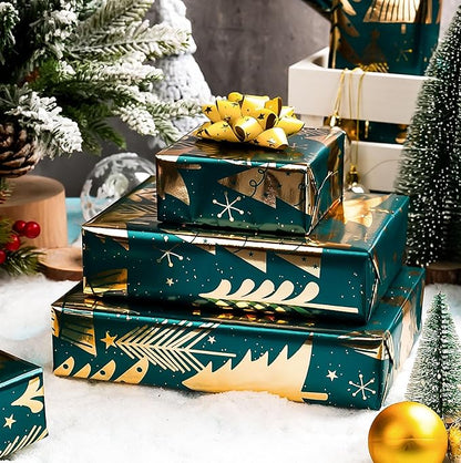 MAYPLUSS Wrap Paper Roll - 17 Inch X 33 Feet - Luxurious Metallic Foil Green Elegant Christmas Tree Winter Gift Wrapping Paper, Festive Decoration