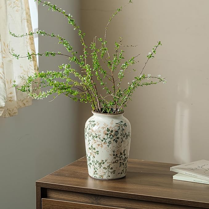 Vintage Pastoral Green and Beige Vase, Round Ceramic Floral Vases, Retro Ice Cracked Chinoiserie Vase for Home Decor, Living Room, Bookshelf, Office, Rustic Table Centerpiece 7.8 Inch