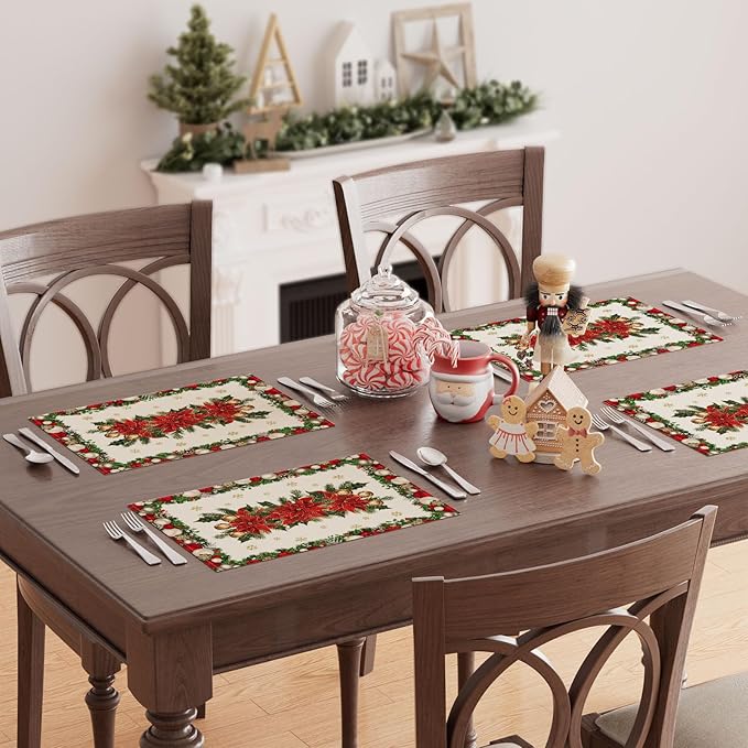XCHI Christmas Poinsettias Leaves Bells Snowflakes Winter Xmas Placemats Set of 6 Table Mats for Party Home Kitchen Dining Table Decorations 12x18 Inch