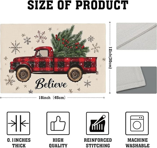 Christmas Truck Carry Tree Placemats Set of 4,Christmas Believe 12x18 Inch Non-Slip Washable Heat Resistant Linen Fabric Table Mats,Place Mats for Holiday Party