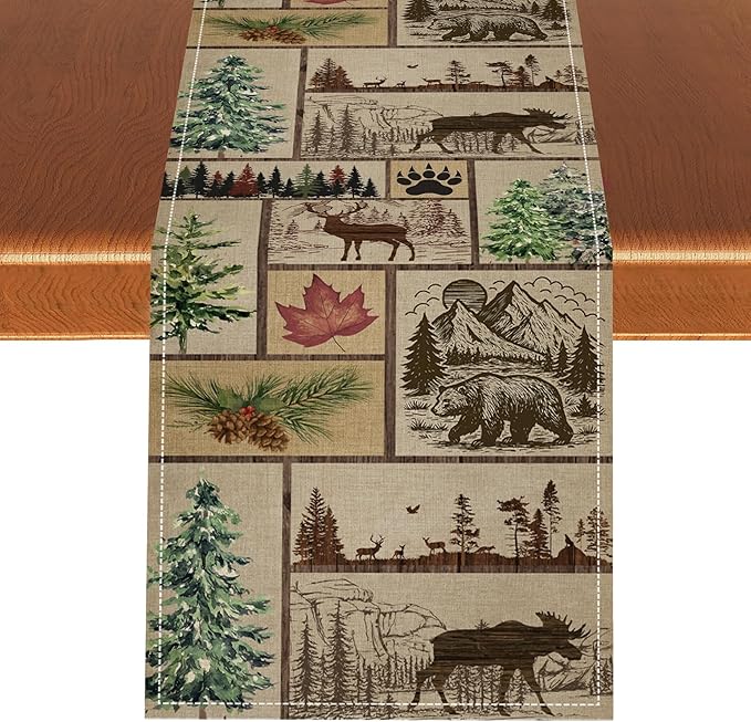 Rustic Cabin Table Runner, Farmhouse Deer Bear Retro Pine Forest Wooden Plank Wild Animal Seasonal Coffee Table Center Decor for Home Kitchen Dining Holiday Party Table Decorations 13x108 inches