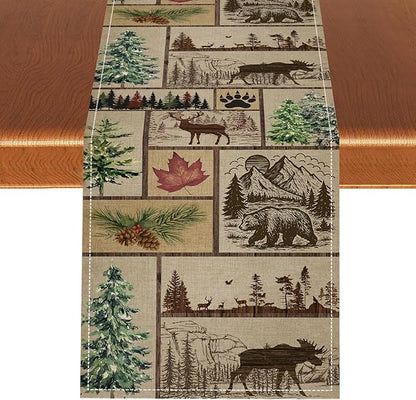 Rustic Cabin Table Runner, Farmhouse Deer Bear Retro Pine Forest Wooden Plank Wild Animal Seasonal Coffee Table Center Decor for Home Kitchen Dining Patio Holiday Party Table Decorations 13x90 inches