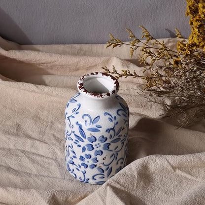 Ceramic Vase Set of 3 - Modern Chinoiserie Blue Floral Decorative Vases for Home Decor, Rustic Farmhouse Boho Vases for Living Room, Mantel, Dining Table, Bookshelf, Kitchen or Entryway Decoration