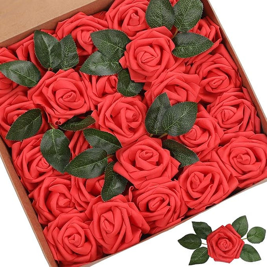 Artificial Rose Flowers 50pcs Red Fake Roses Artificial Foam Roses Real Looking w/Stem for DIY Wedding Bouquets Centerpieces Bridal Shower Party Home Cake Flower Decoration (Classic Red, 50 pcs)