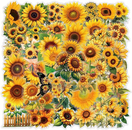60 Pcs Sunflower Stickers, Transparent Waterproof Vinyl Decals, Aesthetic Floral Stickers for Journaling, Scrapbooking, Laptop, Water Bottle, Phone Case, Summer & Happy Theme Decoration