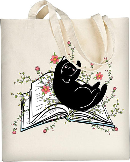 AUSVKAI Cute Book Canvas Tote Bag Aesthetic For Women Grocery Bag Cotton Beach Totes Gift-Black Cat Book