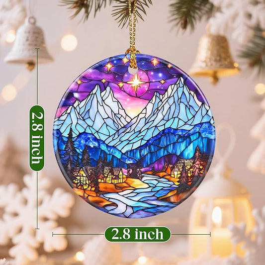 Christmas Ornaments, 2.8 Inch Ceramic Hanging Ornament, Christmas Tree Ornaments, Xmas Decorations, Holiday Decorations, Holiday Party Gifts, and Xmas Gift Ideas - Snow-Village Night