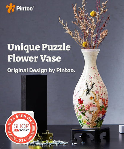 Pintoo 3D Puzzle Vase Unique Flower Vase Made by 160 Curved Plastic Puzzle Pieces House Warming Gift for Flower Arrangements and Home Decoration - [S1035] (Translucent, Flowers and Birds)