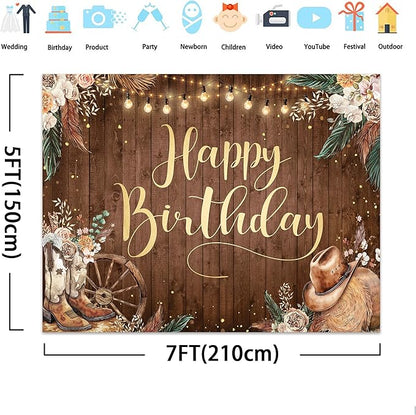 SVBright Western Cowgirl Birthday Backdrop 7Wx5H Pampas Grass Country Wild West Rustic Wooden Boho Flower Retro Boots Hat Farmhouse Decorations Photography Background Banner Photo Booth Studio