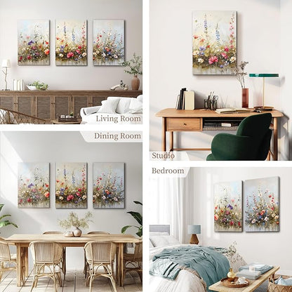 SERIMINO Large Wall Art for Living Room Canvas Prints, Nature Floral Botanical Wall Art Set 3 Piece Farmhouse Decor, Misty Flowers Modern Home Decor Paintings for Bedroom Bathroom 20"X28"