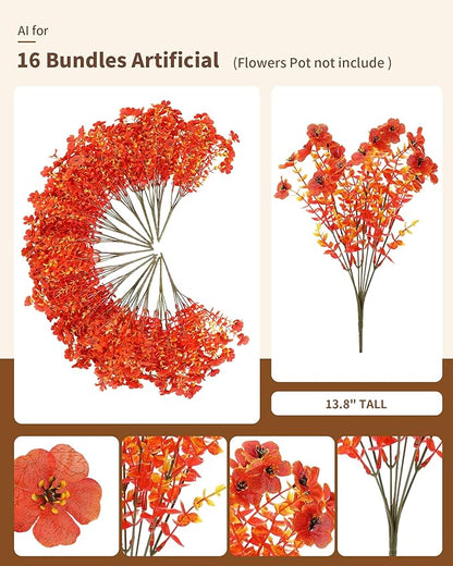 Artificial Fall Flowers Faux Mums for Outdoor Planters,Orange Red 16 Bundles Silk Fake Plants UV Resistant for Outside,Autumn Decorations for Porch,Pot,Window Boxes,Front Yard,Thanksgiving Home Decor