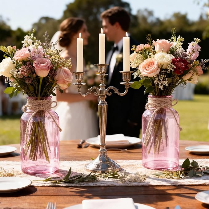 Vintage Glass Flower Vase，3 Pack Farmhouse Pink Glass Centerpiece Vases Mason Jars for Weddings, Parties & Home Decor Bulk (3, Pink)