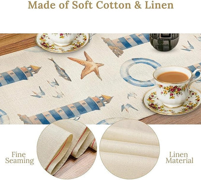 Blue Beach Table Runner, Tropical Ocean Coast Table Runner, Seashell Seasonal Nautical Restaurant Coffee Table Decorations for Home Holiday Party Indoor Outdoor 13x90 Inch