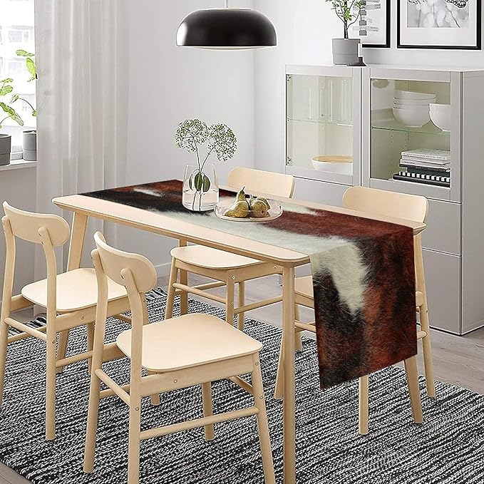Cow Skin Print Table Runner, Rustic Country Farmhouse Animal Fur Skin Western Farm Black Brown Cowhide Print Dinner Runner Table Decoration for Home Kitchen Dining 13x36in