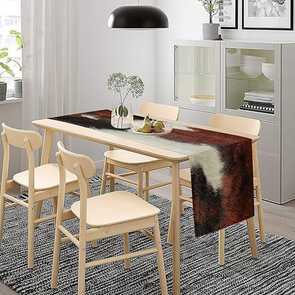 Cow Skin Print Table Runner, Rustic Country Farmhouse Animal Fur Skin Western Farm Black Brown Cowhide Print Dinner Runner Table Decoration for Home Kitchen Dining 13x90in