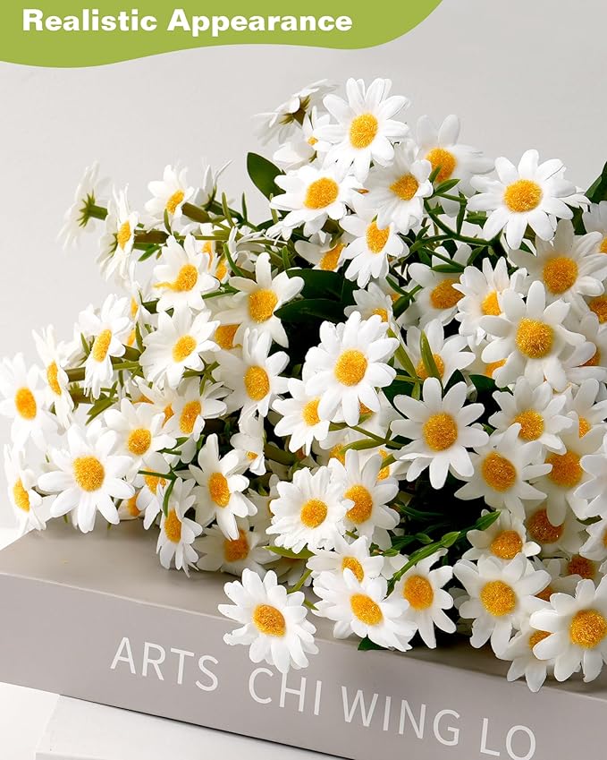Artificial Flowers, 12 Bundles Daisy Flowers for Outdoors Planters (144 Blooms), Fake Wildflowers, Faux Plants with Silk Daisies for Front Porch Garden Patio Home Aesthetic (White)