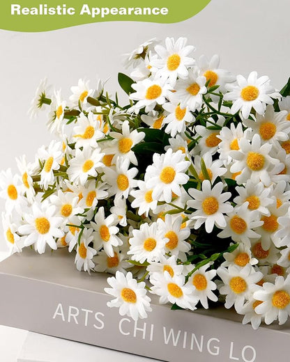 Artificial Flowers, 12 Bundles Daisy Flowers for Outdoors Planters (144 Blooms), Fake Wildflowers, Faux Plants with Silk Daisies for Front Porch Garden Patio Home Aesthetic (White)