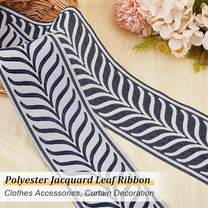 OLYCRAFT 5.5 Yards Jacquard Ribbon Trim 3.4 Inch Leaf Striped Jacquard Polyester Ribbons Marine Blue Gray Leaf Jacquards Woven Embroidery Trim for DIY Sewing Crafts Handmade Bag Belt Clothing Decor