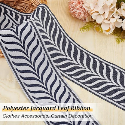 OLYCRAFT 5.5 Yards Jacquard Ribbon Trim 3.4 Inch Leaf Striped Jacquard Polyester Ribbons Marine Blue Gray Leaf Jacquards Woven Embroidery Trim for DIY Sewing Crafts Handmade Bag Belt Clothing Decor