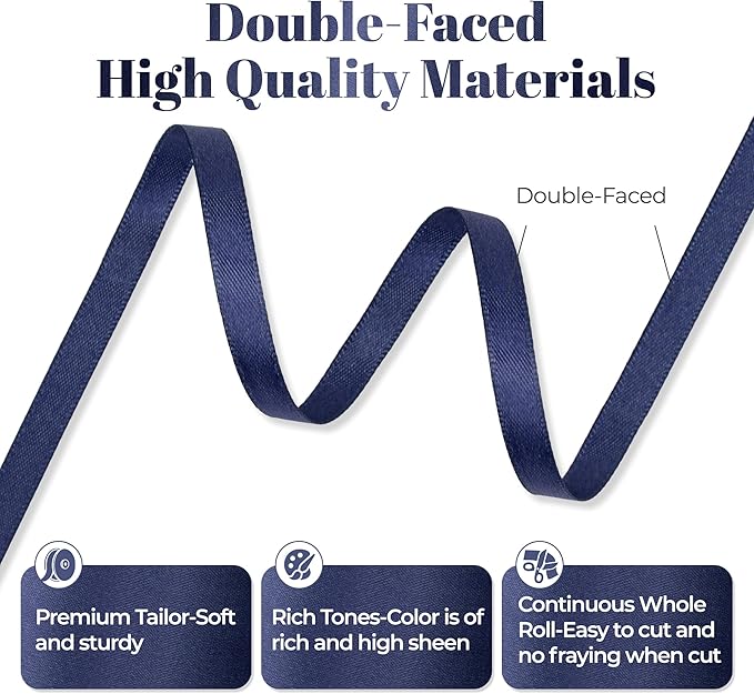 Navy Blue Satin Ribbon, Double Faced 1/4 Inch X 50 Yards Navy Blue Ribbon, Premium Satin Ribbon for Gift Wrapping, Crafts, Hair Bow Making, Sewing, Flower Bouquet, Wedding Party Decor
