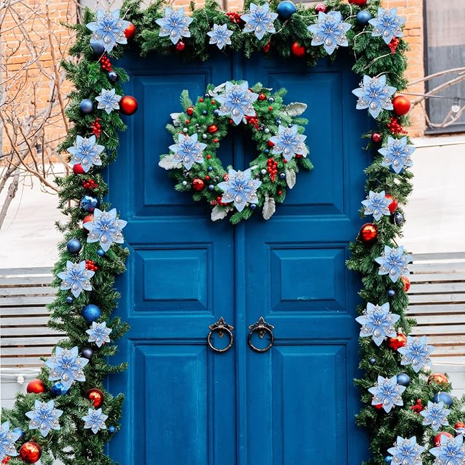 Geosar 36 Pcs Christmas Glitter Artificial Poinsettia Flowers Xmas Poinsettia Artificial Wedding Flowers Decorations Xmas Tree Ornaments with Clips for Party, 6 Inch, 4 Inch, 3 Inch(Silver and Blue)